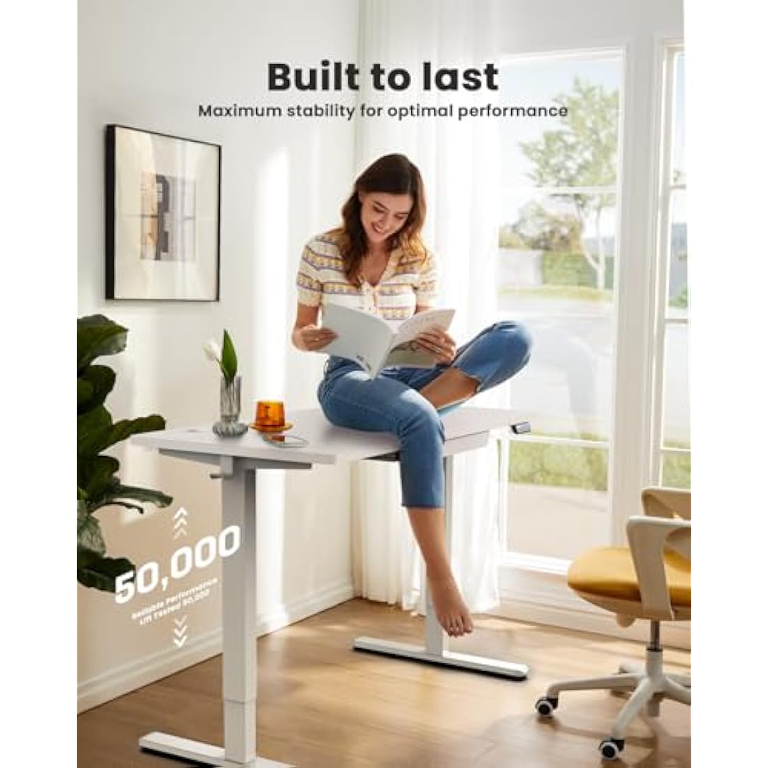 ErGear Electric Standing Desk 160 x 80 cm, Height Adjustable Desk, Sit Stand Table with Easy-Glide Drawer & 4 Memory Smart Pannal, T-Leg Design for Stability, Splice Board, White Frame & Surface