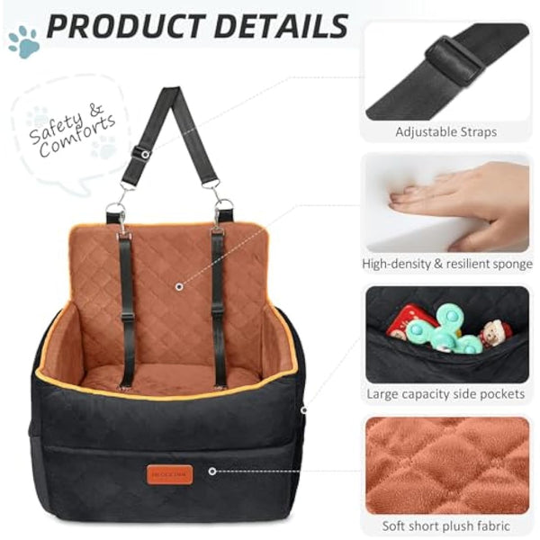 HEGGCOOE Small Dog Car Seat, Memory Foam Dog Booster Seats with Thick Cushion for Medium Dogs Under 35lbs, Detachable Washable Pet Car Seat with Storage Pockets,2 Safety Belts-Black/Z