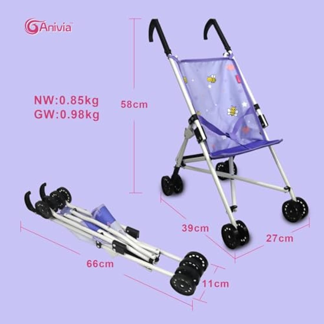 Anivia Baby Doll Collection Doll Stroller Heart Design Gifts for Toddlers and Girls Foldable Doll Stroller Pink Color