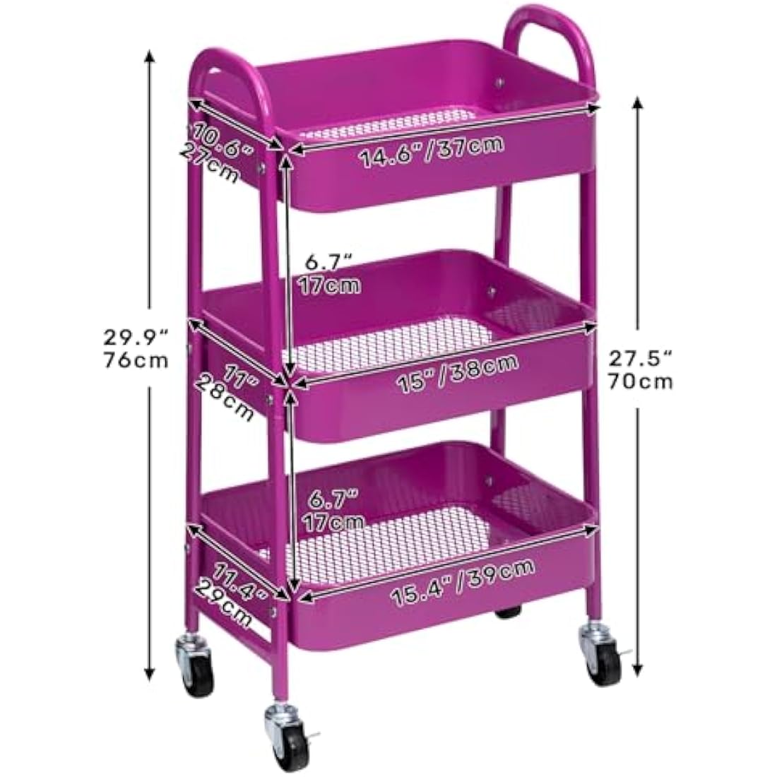 DOEWORKS Storage Trolley Metal 3-Tier Storage Cart on Wheels Rolling Kitchen Trolley Craft Trolleys Beauty Trolleys Utility Shelves for Books Room Bathroom Office, Dark Purple