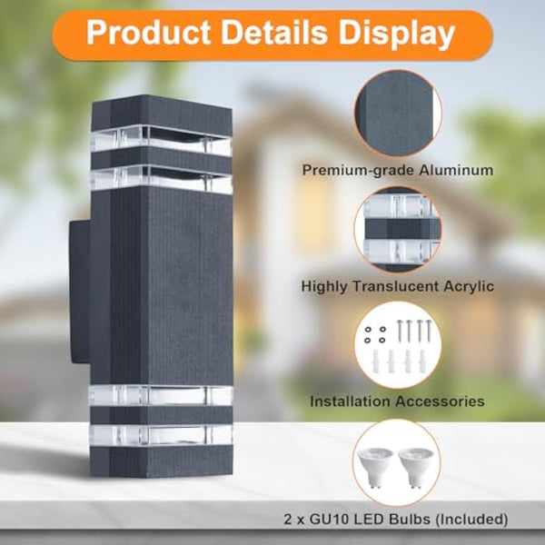 CELAVY Outdoor Wall Lights Mains Powered Outside Up Down Lights, IP65 Waterproof LED Porch Front Door Light, Square GU10 External Modern Lighting Exterior Electric Sconce Lamp for House, Grey