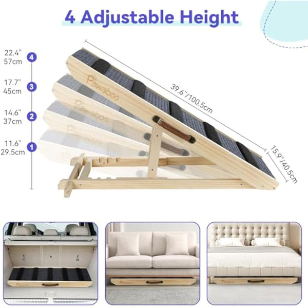 Large Dog Ramp for Bed Couch, Extra Wide Portable Wooden Pet Ramp, 4 Adjustable Height from 11.6'' to 22.4'', Pet Step for Small Medium Dog Cat with Non-slip Mat, Up to 143lbs, Use for Car Couch Bed