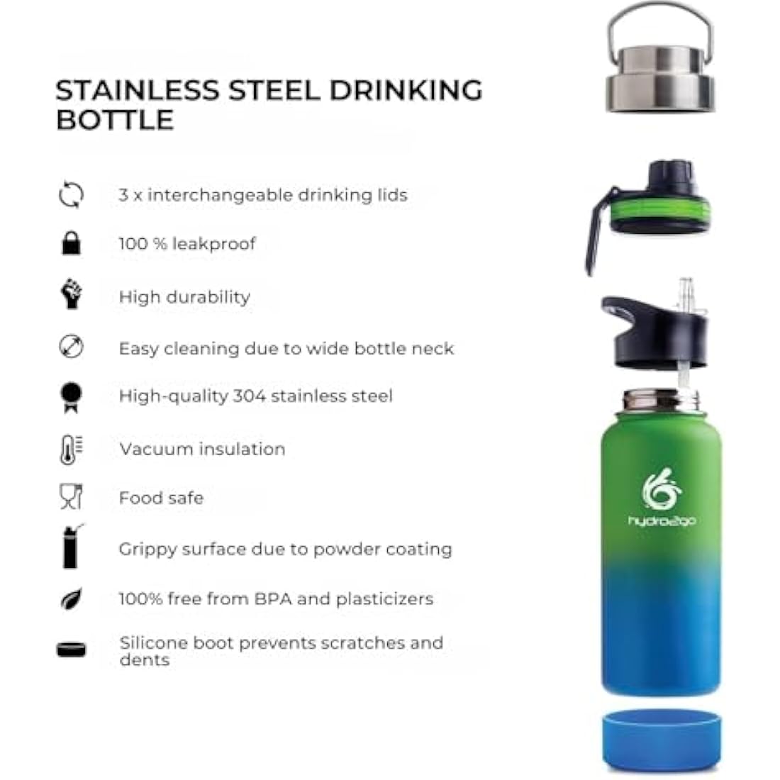 hydro2go Stainless Steel Water Bottle – BPA-Free Bottle for Kids, School, Sports & Outdoor – Keeps Drinks Hot for up to 12H and Cold for up to 24H – Includes 3 Drinking Caps – 950 ml (Earth)