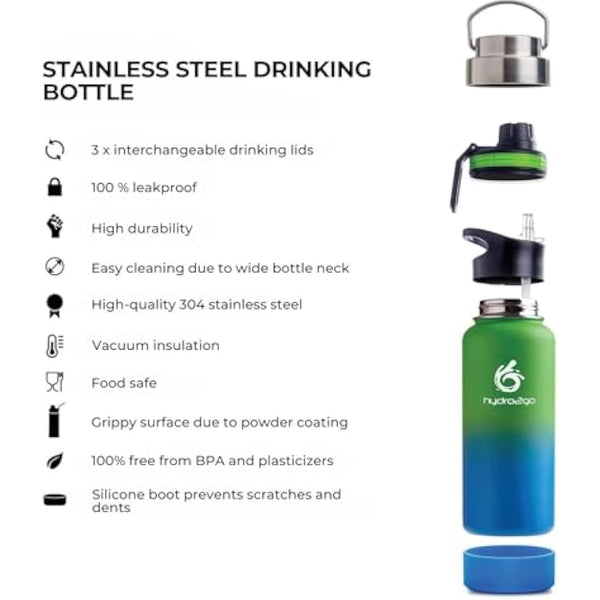 hydro2go Stainless Steel Water Bottle – BPA-Free Bottle for Kids, School, Sports & Outdoor – Keeps Drinks Hot for up to 12H and Cold for up to 24H – Includes 3 Drinking Caps – 950 ml (Earth)