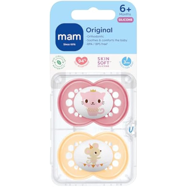 MAM Original Soothers | 6 Plus Months | 2 Pack | Comes in Dummy Steriliser Case | Sustainable Materials | Baby Accessories | Pink (Various Designs)