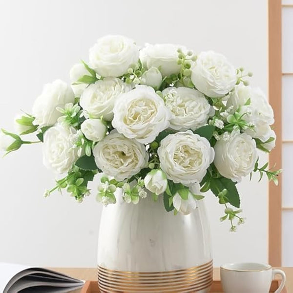 FADACHY 4 Bunches White Real Touch Silk Peonies Artificial Flowers - Lifelike Wedding & Home Table Decor, Garden Centerpieces & Indoor/Outdoor Arrangements