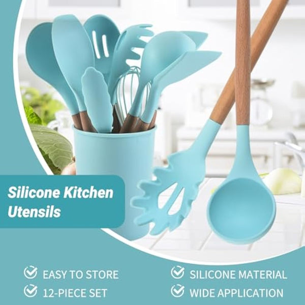 12Pcs Kitchen Utensil Set Silicone Cooking Utensils,Cooking Spatula Turner Heat Resistant Nonstick Cookware with Wooden Handle,Silicone Cooking Utensils Kitchen Utensils Kitchen Tool Gadgets
