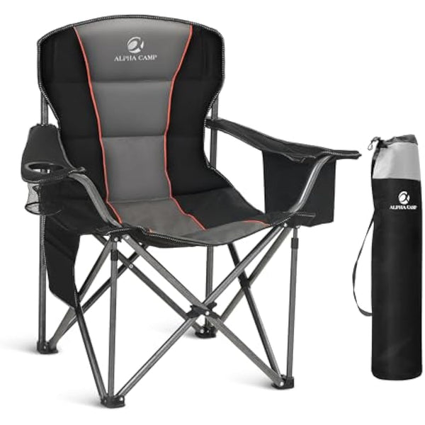 ALPHA CAMP Camping Chairs for Adults Heavy Duty Camping Chair Up to 200 kg Folding Camp Chair with Cup Holder and Cooler Bag for Outdoor Picnic Fishing, Lightweight and Portable, Black