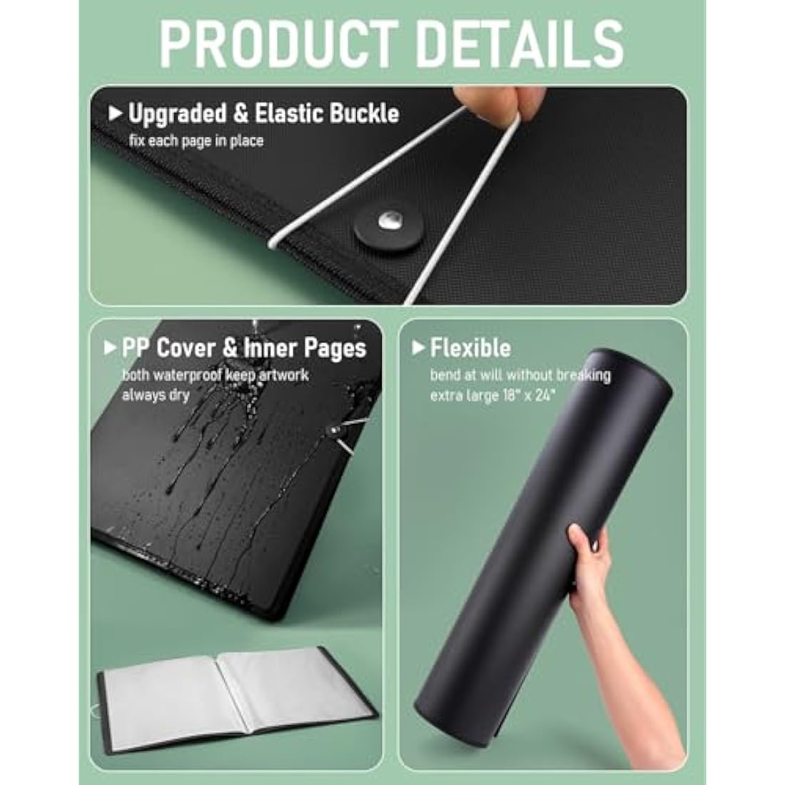 Nicpro 18x24 Large Art Portfolio Folder, 30 Pockets Display 60 Pages Artist Portfolio Folder with Clear Plastic Sleeves, Presentation Storage Book for Kids & Artists Artwork Dr awing, Painting Black