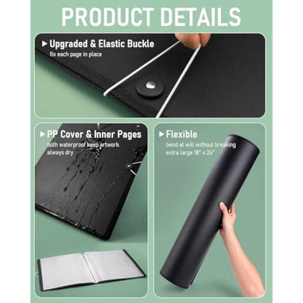 Nicpro 18x24 Large Art Portfolio Folder, 30 Pockets Display 60 Pages Artist Portfolio Folder with Clear Plastic Sleeves, Presentation Storage Book for Kids & Artists Artwork Dr awing, Painting Black