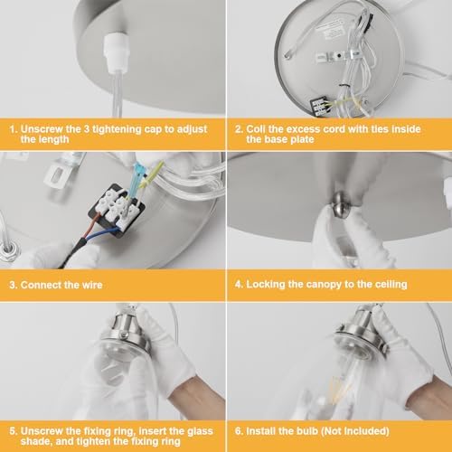 FORCOSO Industrial Glass Pendant Light, 3-Light Cone Shade, Brushed Nickel, Warm White, 1800 Lumen, 180W, Indoor, Kitchen, Bedroom, Living Room