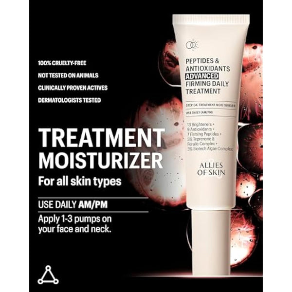 Allies of Skin Peptides & Antioxidants Advanced Firming Daily Treatment with 13 Brighteners, 9 Antioxidants, 7 Firming Peptides, 5% Teprenone & Ferulic Complex and 3% Biotech Algae Complex 48ml/1.6oz