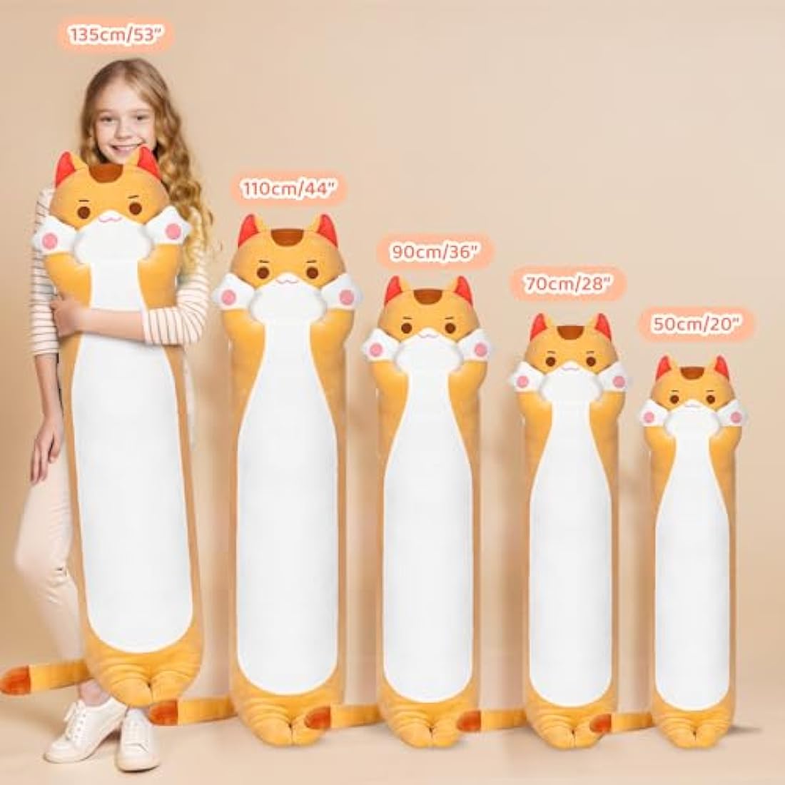 Mewaii 36in Long Cat Plush Pillows Stuffed Animals Squishy Pillows - Plushie Cute Kitty Sleeping Hugging Plush Pillow Soft Toys for Kids, Brown Cat Body Pillow