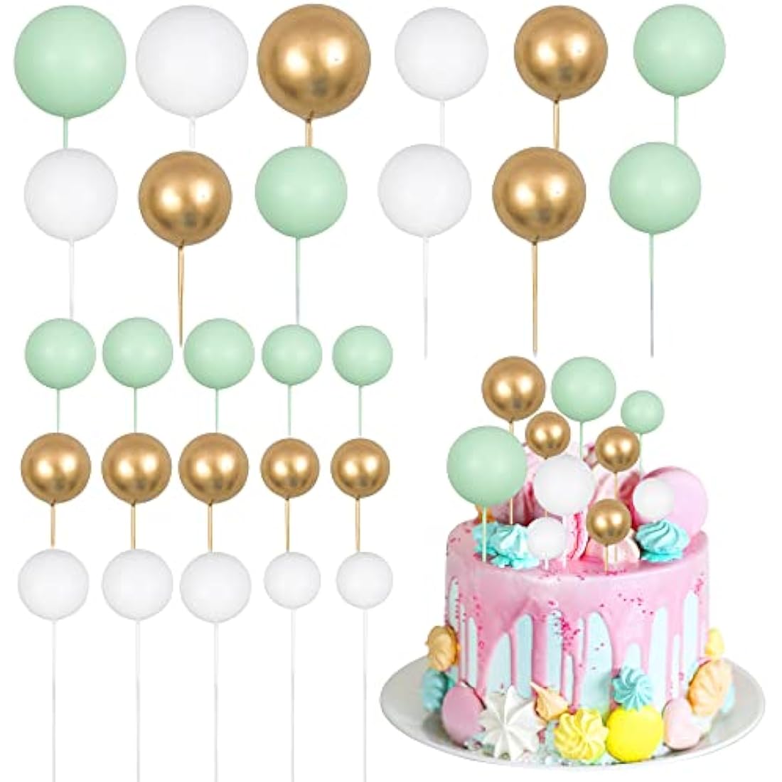Gyufise 30Pcs Balls Cake Topper Mini Balloons Cupcake Topper DIY Cake Insert Topper Foam Cake Balls Baking Decoration for Wedding Anniversary Valentines Day Birthday Party Green Gold White