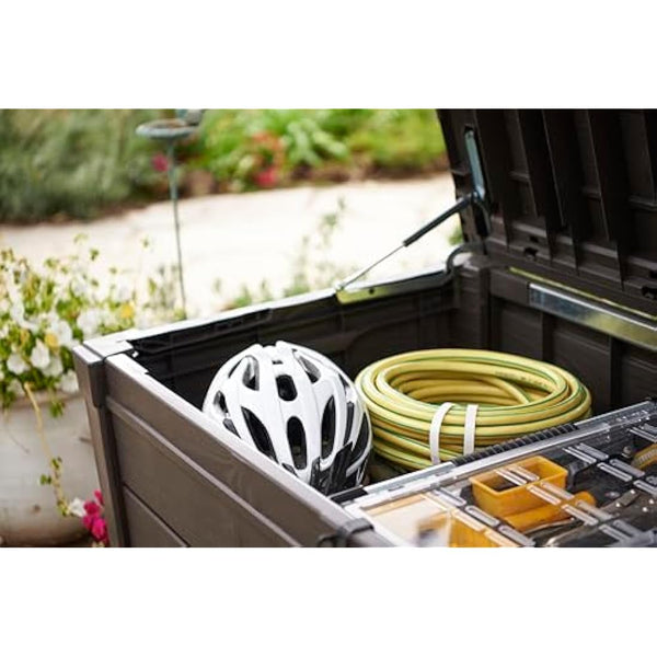 Keter Brightwood 454L Outdoor 60% recycled Garden Furniture Storage Box Brown Wood Panel Effect Fade Free All Weather Resistant Safe and Secure Zero Maintenance 2 year Warranty