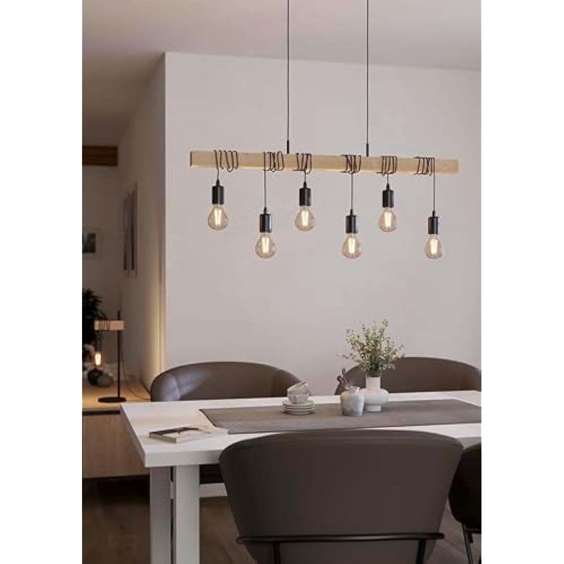Eglo Pendant Lighting Townshend, 6 Light Vintage Hanging lamp in Industrial Design, Retro Ceiling Light Made of Black Metal and Natural Wood, FSC Certified, E27
