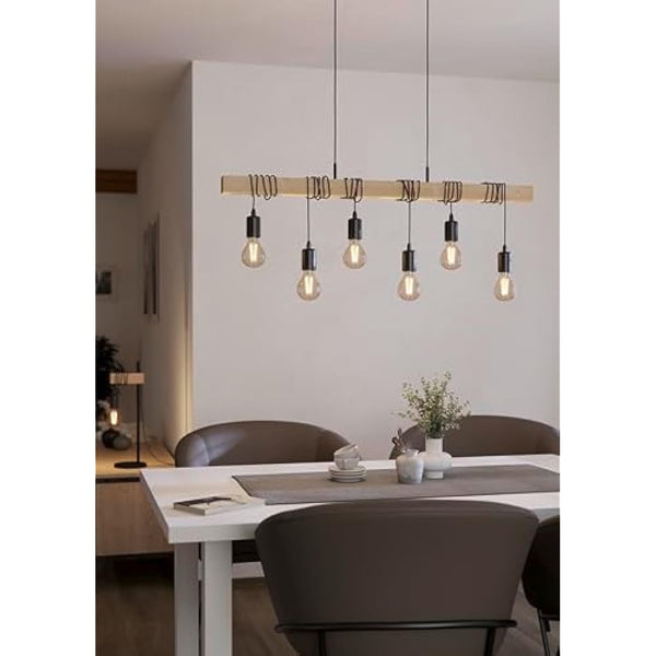 Eglo Pendant Lighting Townshend, 6 Light Vintage Hanging lamp in Industrial Design, Retro Ceiling Light Made of Black Metal and Natural Wood, FSC Certified, E27