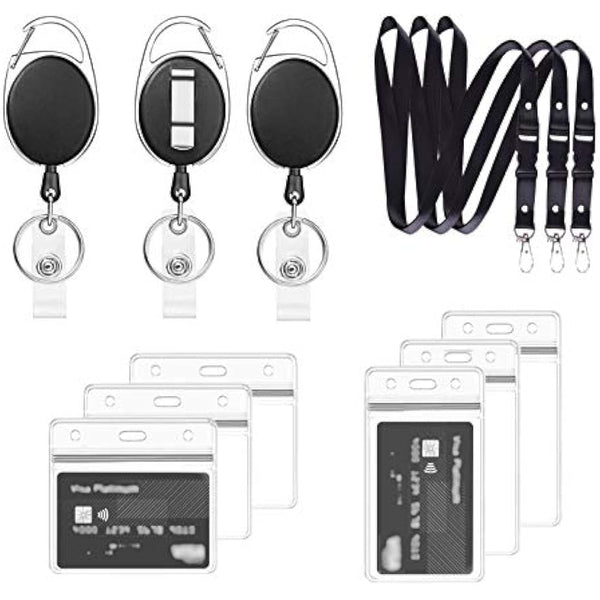 Retractable Lanyard Set - 3 Pieces Including Reel Clip and Clear Waterproof ID Badge Holder for Card and Key Holder Keyring (Black B03)