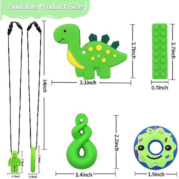 6PCS Sensory Chew Necklace, Teether Chew Toys Safety Food Grade Silicone for Kids Toddlers ADHD, Autistic, Biting Needs, Oral Motor Teether Chew Pendant Toy with Adjustable Buckle for Baby Boys(Green)