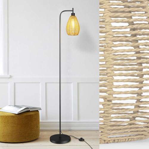 ArcoMead Farmhouse Floor Lamp, Tall Standing Whole Metal Light with Hand-Woven Paper Rope Teardrop Cage Head & Foot Switch, Boho Standing Lamps, Black Reading Lights for Bedroom, Living Room, Decor