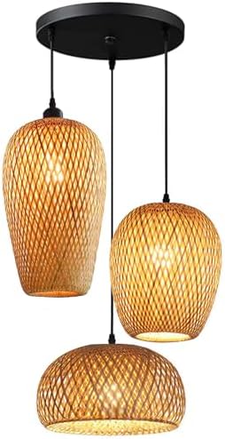 GCQ Bamboo Light Fixtures, 3 Headlights E26 E27 Retro Rustic Bamboo Wicker Rattan Chandelier Ceiling Hanging Light for Living Room Bedroom Farmhouse Restaurant Cafe Teahouse Bar Dining Room Club
