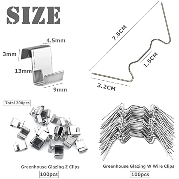 200pcs Greenhouse Glass Clips Stainless Steel Greenhouse Window Clips Glass Pane Fixings Clips,100x Greenhouse Glazing W Wire Clips and 100x Z Overlap Clips for Greenhouse Glass Replacement Accessorie