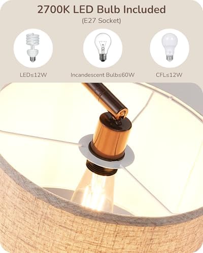 EDISHINE LED Floor Lamp, 63" Standing Lamp with Adjustable Linen Shade, Brown Metal Arc Light Pole, Modern Simple Reading Light for Living Room, Lounge, E27 Socket, LED Bulb Included