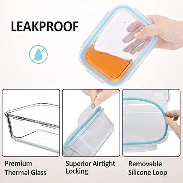 ROSOS Glass Food Storage Containers with Airtight Lids, 6 Pack Super Leak Proof Glass Containers with Lids, Not Easy Broken & BPA Free, Glass Food Containers with Lids for Freezer to Oven Safe, Blue