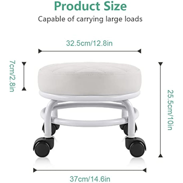 FURWOO Roller Seat PU Leather Low Round Rolling Floor Stool with Universal Caster Wheels for Home Fitness Sport Pedicure Stool, H：25.5cm(White)