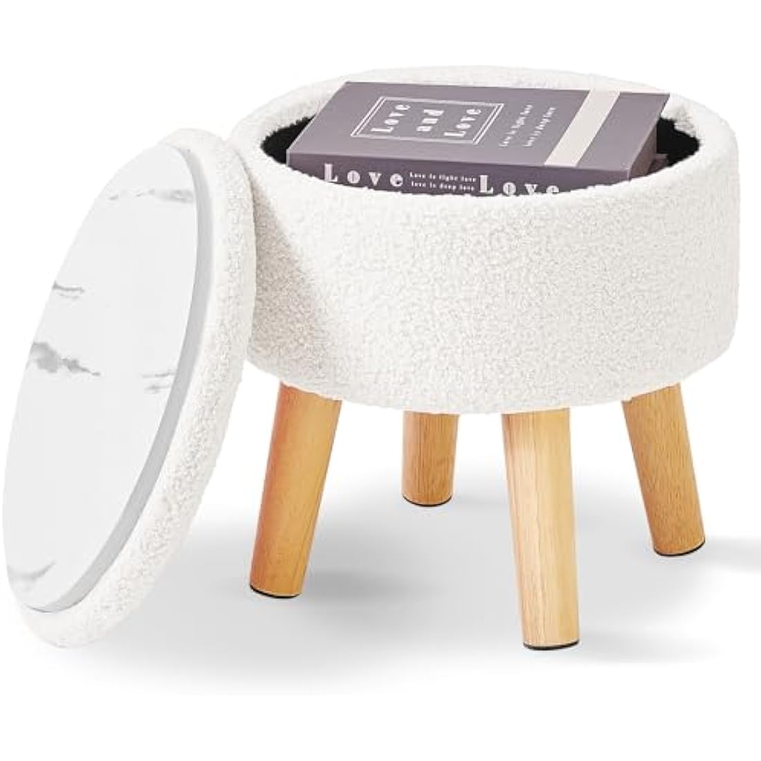 IBUYKE 13 Inch Small Footstool Ottoman with Storage, Round Pouffe Foot Rest with Padded Seat and Wood Legs, Teddy Velvet Mini Footstool for Living Room Couch Bedroom Entryway, Cream WBD006W