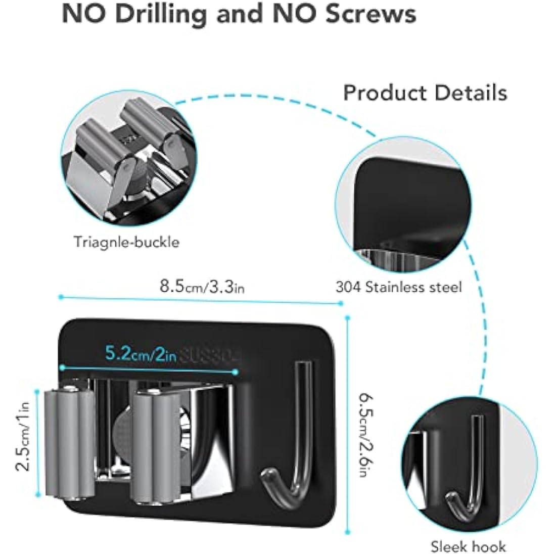 homeasy Mop Broom Holder, 4 Pcs Stainless Steel Self Adhesive Mop Holder Wall Mounted with Hooks Hanger Self-Adhesive Broom Holder for Bathroom, Kitchen, Office, Closet, Garden Garage(Black Mix)