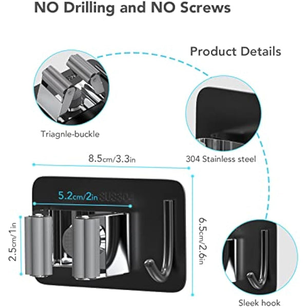 homeasy Mop Broom Holder, 4 Pcs Stainless Steel Self Adhesive Mop Holder Wall Mounted with Hooks Hanger Self-Adhesive Broom Holder for Bathroom, Kitchen, Office, Closet, Garden Garage(Black Mix)