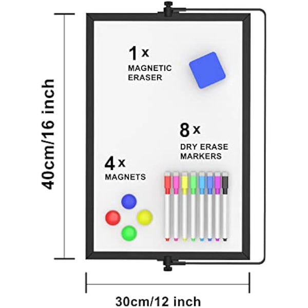 OWill Black Dry Erase Whiteboard, 30 X 40 cm Magnetic Desktop Whiteboard with Stand, A3 Small White Board with 8 Pens, Portable Double-Sided White Board Easel for Drawing School Supplies
