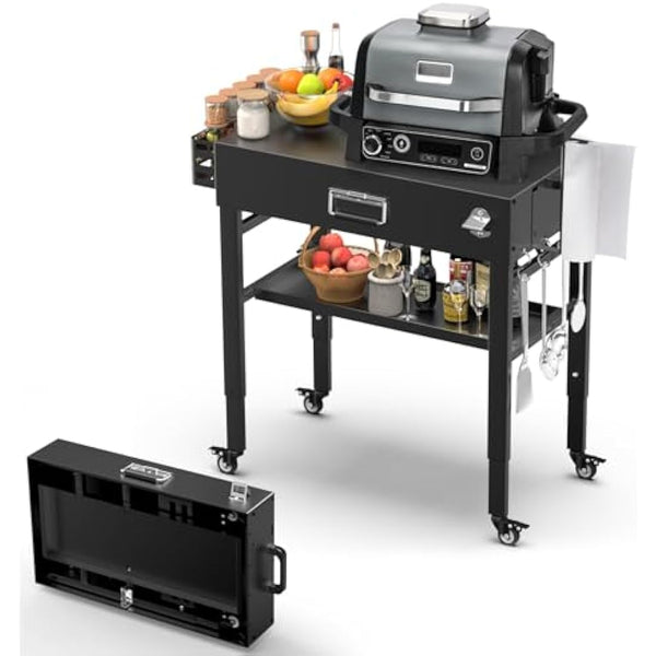 28" and 34" Upgrade Height & Quick-Fold Portable Grill Cart for Ninja Woodfire (OG700 Series), Blackstone 17"/22" Griddle, Pizza Oven – Outdoor Ninja Grill Stand with 4 Swivel Wheels