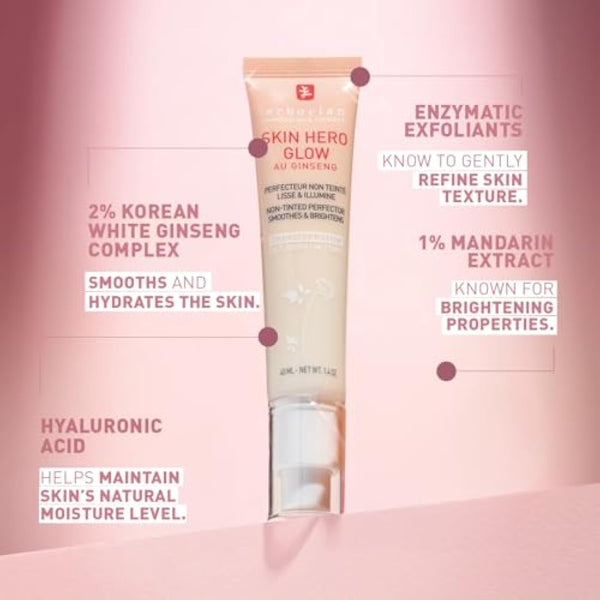 Erborian - Skin Hero Glow - Non-Tinted Skin Perfector + 7-Day Radiance Booster - Glass Skin Effect - Lightweight Texture - Korean Skincare - 40 ml