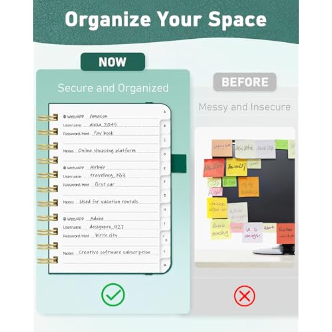 WEMATE Spiral Password Book with Alphabetical Tabs, Small Password Keeper Book for Seniors, Internet Password Notebook Hardcover Password Journal logbook – 12 x 15cm (Teal)