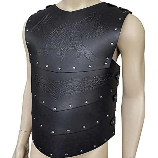 HiiFeuer Viking Faux Leather Embossed Chest Armor, Retro Medieval Knight Leather Armor for LARP/Cosplay (Black A)