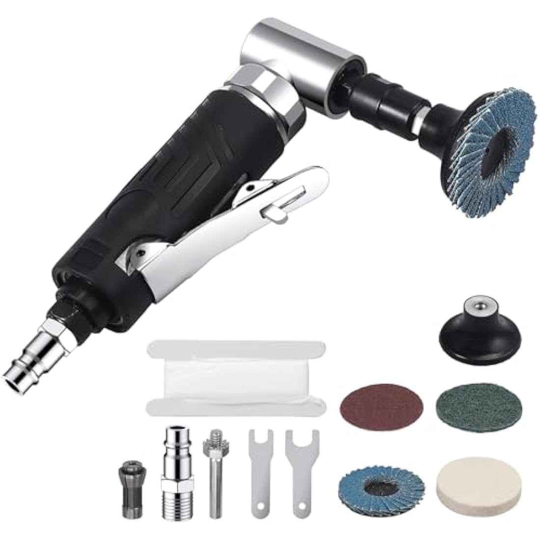 EYPINS Roloc Pneumatic Angle Grinder 1/4" 90psi (6.35 Bar) 20,000 RPM with 4 Different Discs 2 Chucks 3mm/6mm for Preparing Surfaces for Soldering, Polishing and Grinding Bodywork Lustre