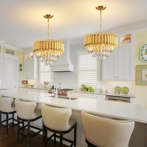 Gold Modern Crystal Chandeliers 3-Tier K9 Round Crystal Light Fixture Small Gold Chandeliers Ceiling Light Fixture for Dining Room Living Room Bedroom Entryway E14*5Light