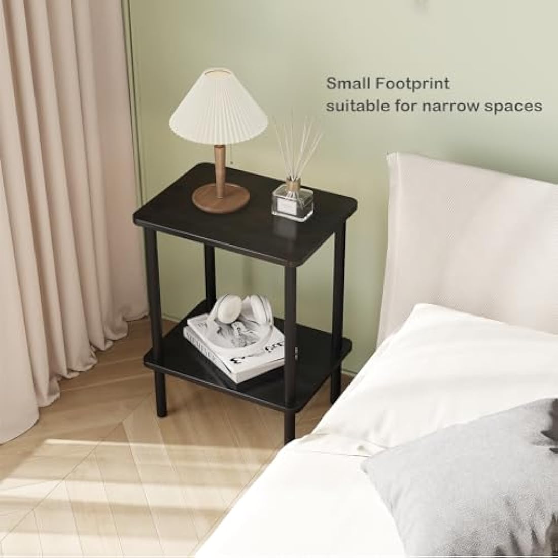 APICIZON 2 Tier Side Table, Narrow End Table with Storage Shelf, Bedside Table Nightstand for Small Spaces, Bedroom, Living Room, Entryway, Farmhouse, No-Tool Assembly, Black