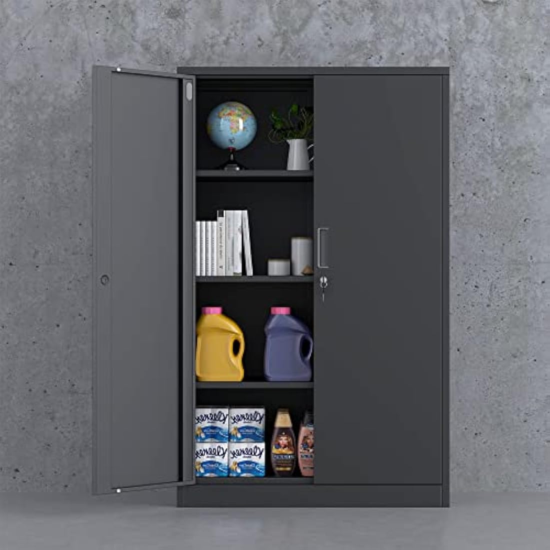 iJINGUR Metal Storage Cabinet with Locking Doors and 3 Adjustable Shelves, Lockable Steel Storage Cupboard for Home Office Garage Pantry (Black)