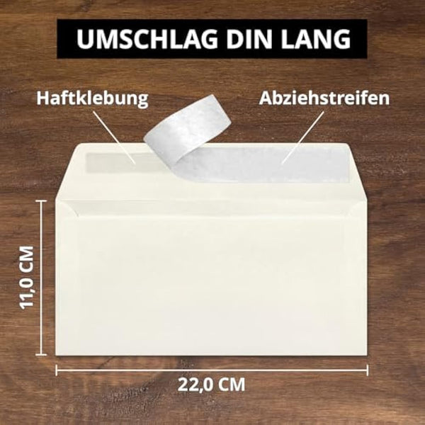 Envelopes DIN Long – Natural White – Premium Quality – 110 g/m² – 110 mm x 220 mm – Very Stable – Self-Adhesive – Quality Brand: Neuser Colourful 150 Umschläge Natural White