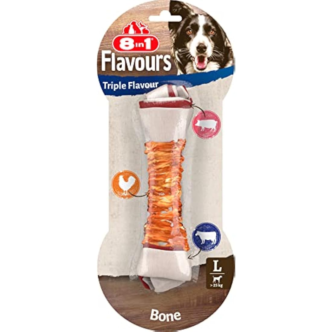 8in1 Triple Flavour Bone L - chewy dog bone with chicken fillet, pork hide and beef hide, 1 pc.