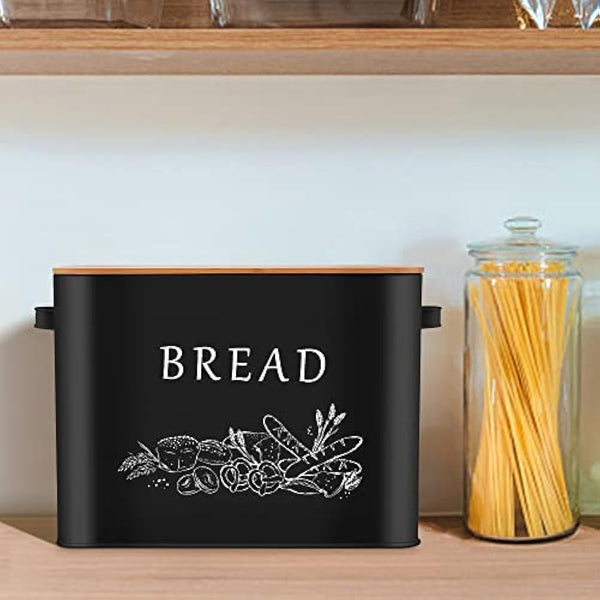 Herogo Bread Bin, Metal Bread Box with Wooden Lid for Cutting Loaf Board, Extra Large Loaf Holder Holds 2 Loaves, Space Saving Storage for Kitchen Countertop, 33x18x24.5cm (Black)