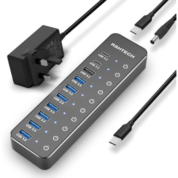 RSHTECH Powered USB-C Hub 3.2, 10-Port USBC Hub with 3x 10Gbps USB 3.2 Data Ports (2C+1A), 7x USB-A 3.0 5Gbps Splitter and 12V/5A (60W) Power Adapter, RSH-ST10C