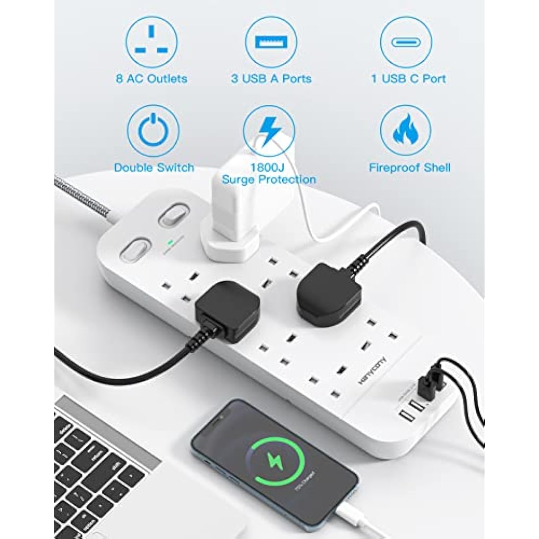 3M Extension Lead with 4 USB Slots, 8 Way Outlets Power Strip with 1800J Surge Protection, Double Switch Plug Extension with 10FT Braided Extension Cable for Home, Dorm Room, Office Accessories