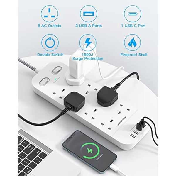 3M Extension Lead with 4 USB Slots, 8 Way Outlets Power Strip with 1800J Surge Protection, Double Switch Plug Extension with 10FT Braided Extension Cable for Home, Dorm Room, Office Accessories
