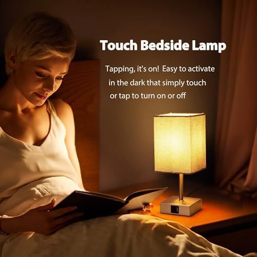 EDISHINE Bedside Lamps Set of 2, 3 Way Dimmable Table Lamp with USB A+C Charging Ports, Touch Lamps for Bedroom, Living Room, Grey (LED Bulbs Included)