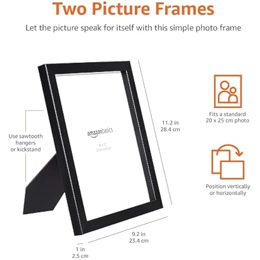 Amazon Basics Rectangular Photo Frame for Tabletop and Wall Display, 2-Pack, Black, 20 cm x 25 cm