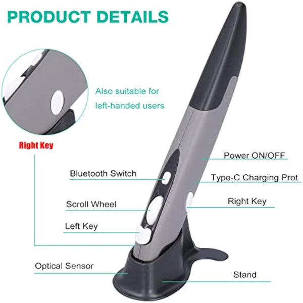 ASHATA Wireless Optical Mouse Pen, 2.4G USB Wireless Pen Mouse with Adjustable 800/1200/1600DPI, Creativity Extremely Handover Computer Stylus for PC Laptop(Black gray)